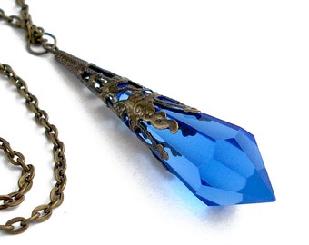 Sapphire Blue Glass Crystal Prism in Bronze Filigree Pendant Necklace