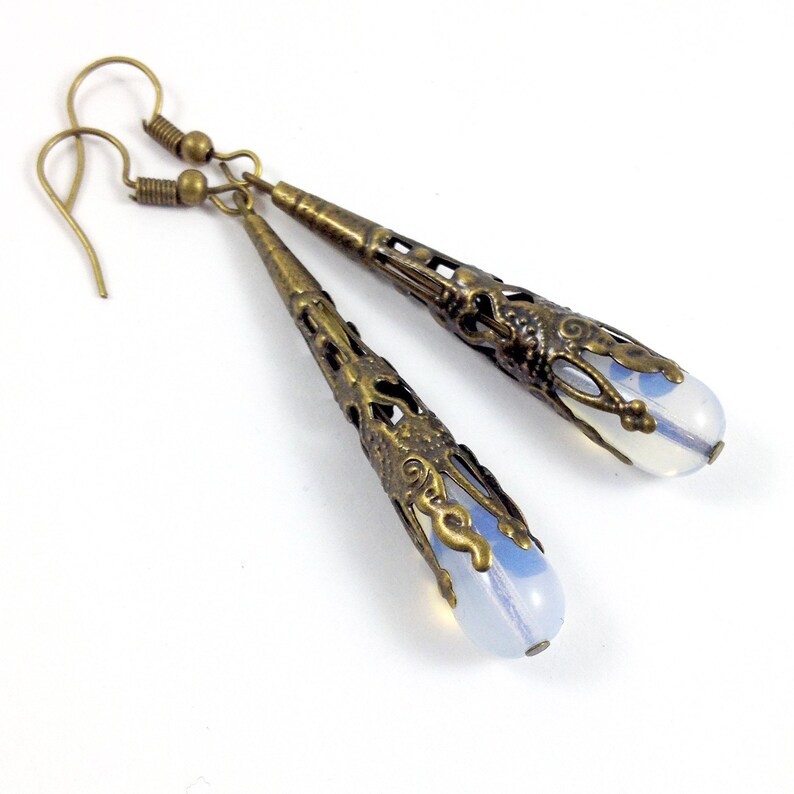 Opal Finish Glass Drop Earrings Wrapped in Bronze Filigree Jewelry image 1