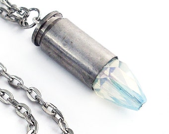 White Aurora Borealis Crystal Bullet Necklace Ammo Jewelry