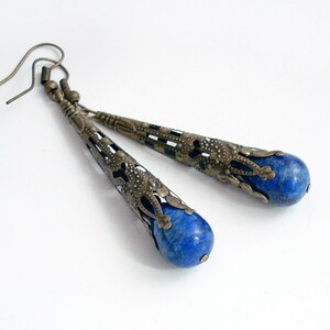 Lapis Lazuli Earrings Drop Earrings Bronze Filigree Earrings Lapis Earrings Lapis Jewelry image 3