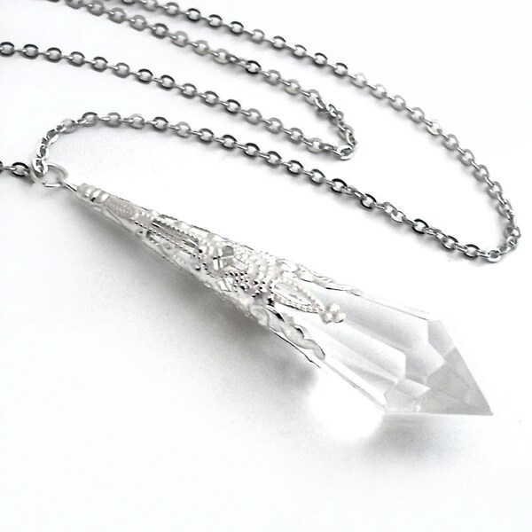 Crystal Clear Prism Silver Filigree Pendant Necklace