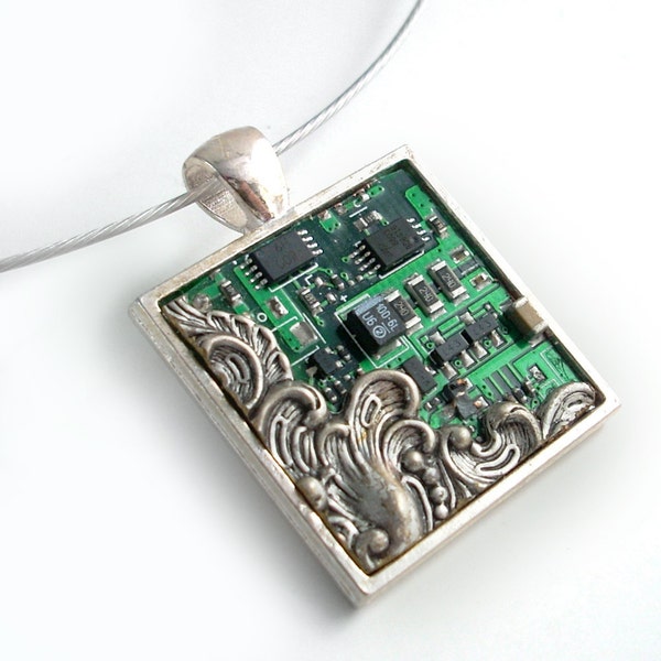 Victorian Circuit Board Necklace - Industrial Techno Geek Steampunk Handmade Jewelry