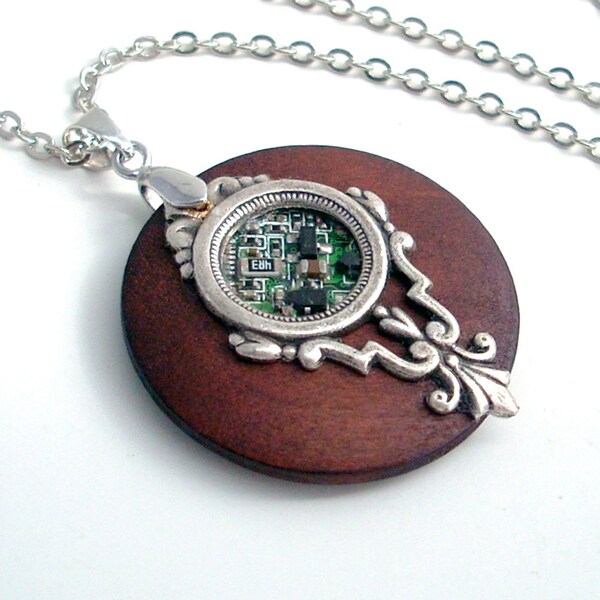 Walnut Circuit Board Necklace - Industrial Techno Geek Steampunk Handmade Unisex Jewelry