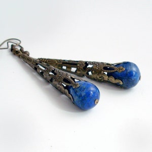 Lapis Lazuli Earrings Drop Earrings Bronze Filigree Earrings Lapis Earrings Lapis Jewelry image 4