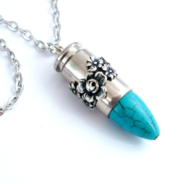 Upcycled Bullet Necklace Cowgirl Jewelry - Turquoise and Silver Ammo Jewellery