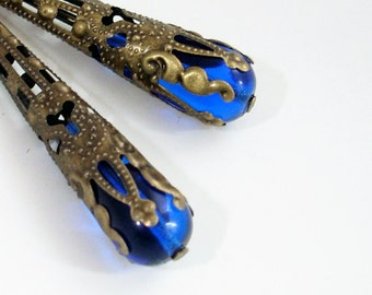 Cobalt Blue Drop Earrings Wrapped in Bronze