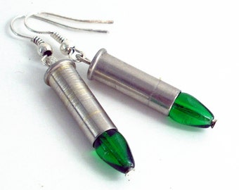 Tiny "Silver Bullet" Earrings with Emerald Green Glass Points