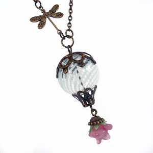 Pink Roses in Spring - Hot Air Balloon Necklace with Dragonfly