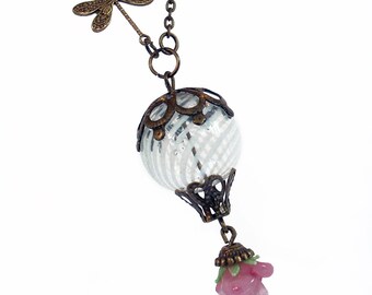 Pink Roses in Spring - Hot Air Balloon Necklace with Dragonfly