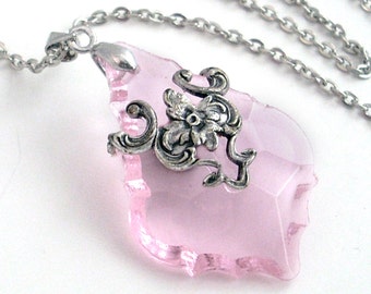 Pale Pink French Cut Prism in Silver Filigree Necklace