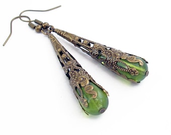 Pale Green Glass Drop Earrings Wrapped in Bronze Filigree