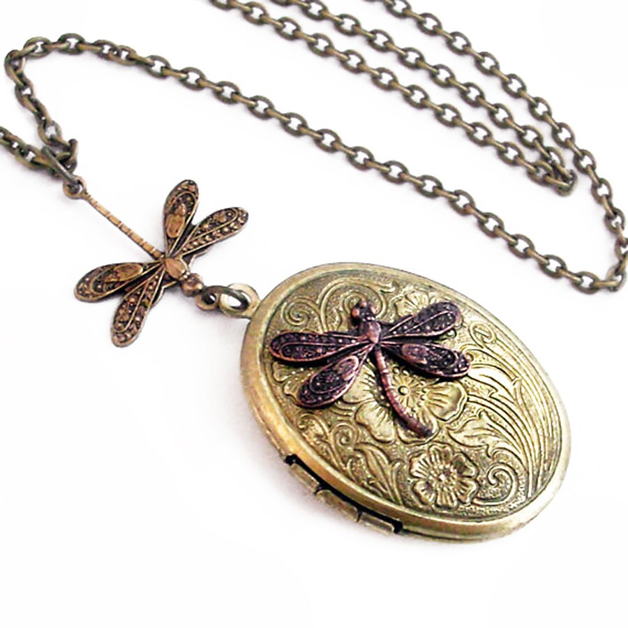 Etched Bronze Oval Locket Dragonfly Locket Necklace Etsy