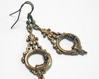 She Hung the Moon Bronze Dangle Earrings Crescent Moon Jewelry