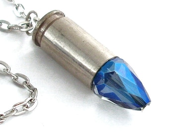 Blue Aurora Borealis Crystal Bullet Necklace Ammo Jewelry