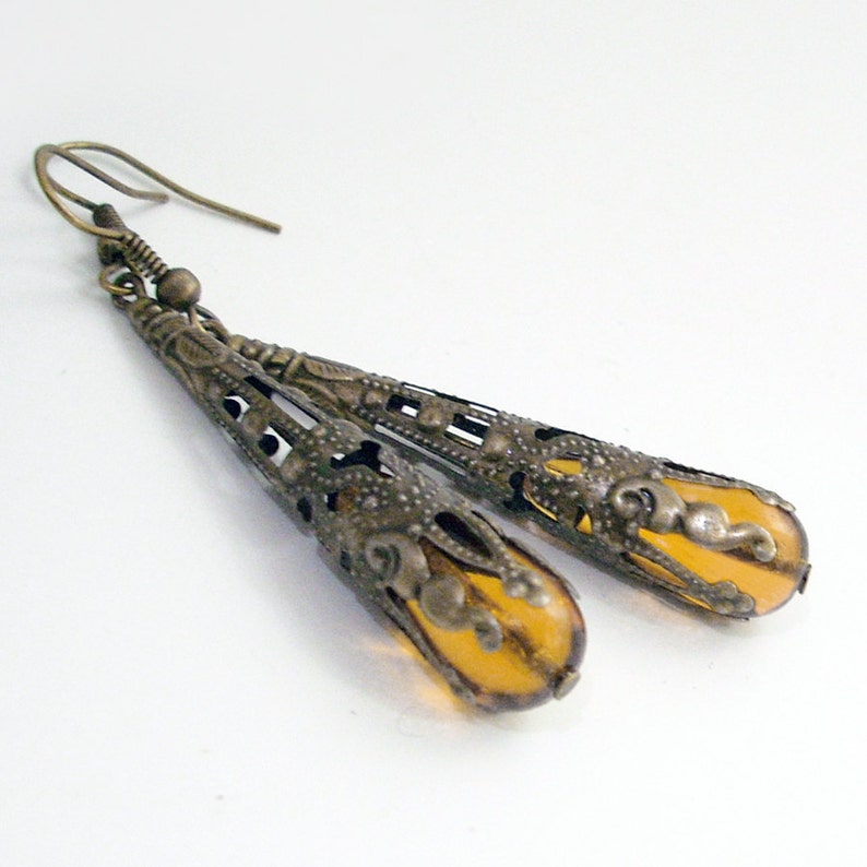 Honey Color Glass Drop Earrings Wrapped in Bronze Filigree Jewelry image 1