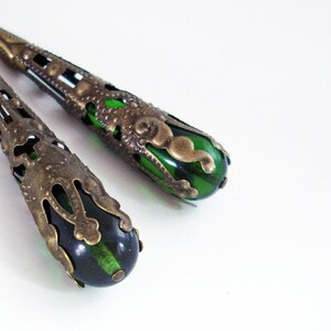 Emerald Green Drop Earrings Wrapped in Bronze