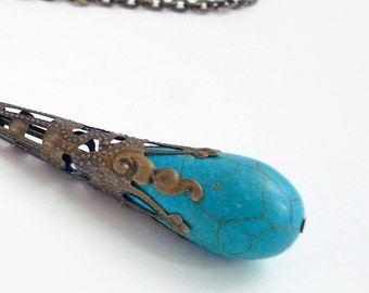 Turquoise Howlite Wrapped in Bronze Filigree - Necklace Jewelry Jewellery