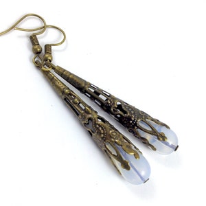 Opal Finish Glass Drop Earrings Wrapped in Bronze Filigree Jewelry image 3