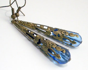 Pale Blue Glass Drop Earrings Wrapped in Bronze Filigree