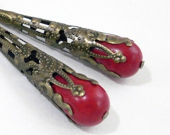 Red Howlite Drop Earrings Wrapped in Bronze