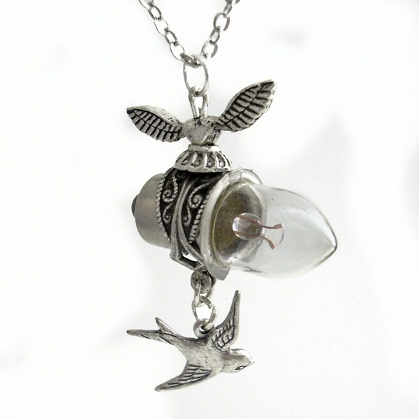 Tiny Silver Bird Steampunk Airship, Zeppelin, Dirigible Necklace Pendant Jewelry Jewellery