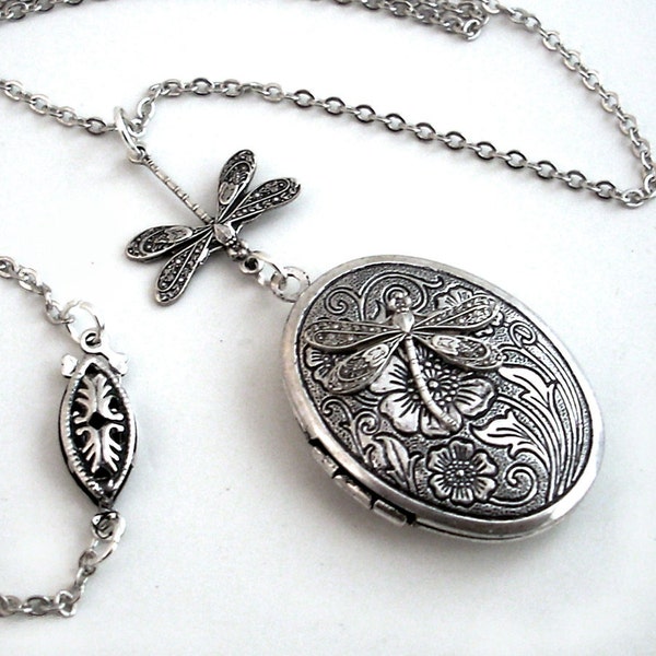 Etched Silver Locket - Flight of the Dragonfly Necklace Jewelry Jewellery