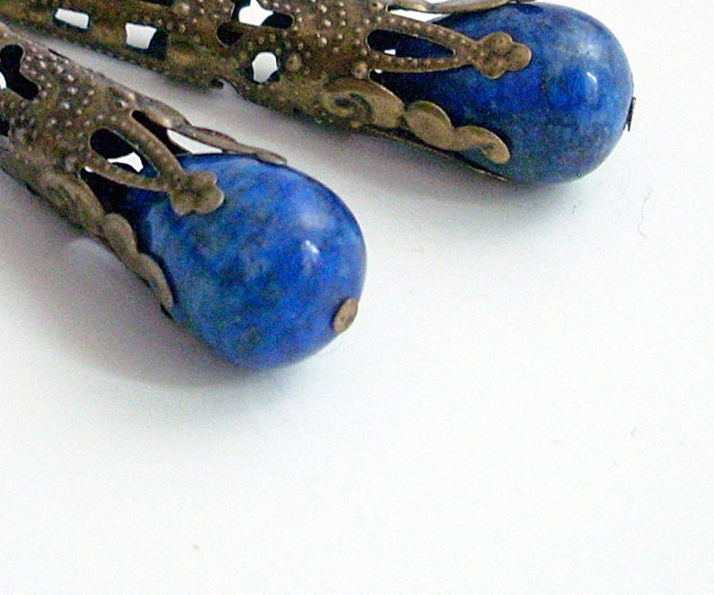 Lapis Lazuli Earrings Drop Earrings Bronze Filigree Earrings Lapis Earrings Lapis Jewelry image 2