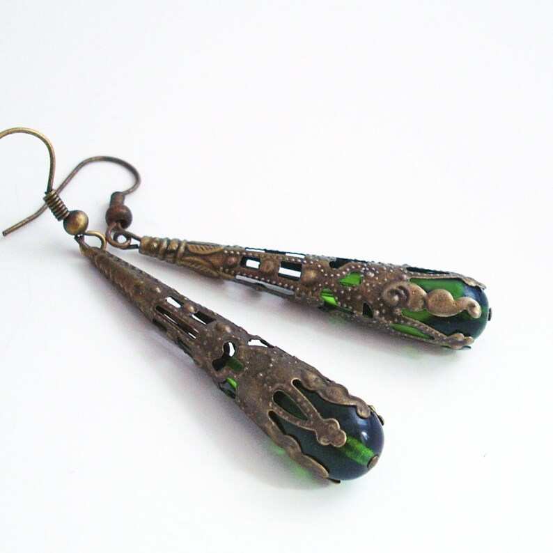 Emerald Green Drop Earrings Wrapped in Bronze image 2