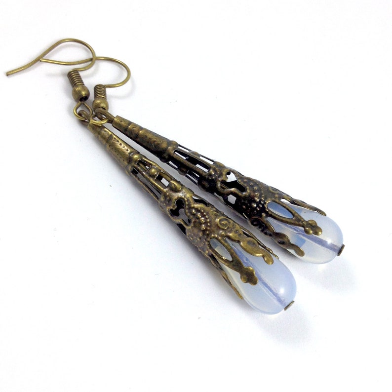 Opal Finish Glass Drop Earrings Wrapped in Bronze Filigree Jewelry image 4