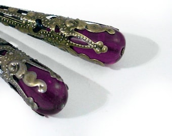 Deep Purple Glass Earrings Wrapped in Bronze Handmade Jewelry