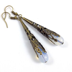 Opal Finish Glass Drop Earrings Wrapped in Bronze Filigree Jewelry image 2