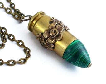 Malachite Bullet with Bronze Roses - Steampunk Bullet Jewelry Ammo Necklace