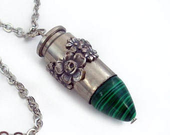 Malachite Bullet Necklace with Silver Roses - Steampunk Bullet Jewelry