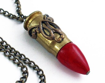Red Sponge Coral Recycled Brass Bullet Necklace Sexy Cowgirl Jewelry