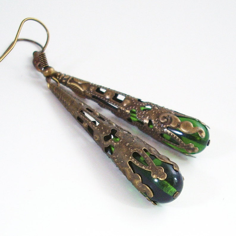Emerald Green Drop Earrings Wrapped in Bronze image 3