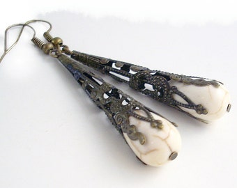 White Buffalo Turquoise Howlite Drop Earrings Wrapped in Bronze