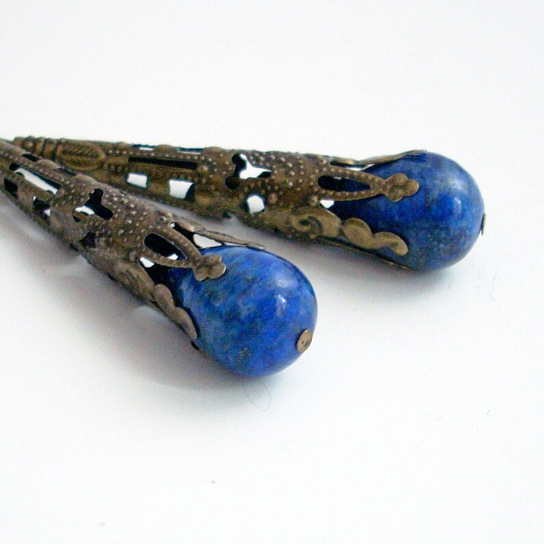 Lapis Lazuli Earrings Drop Earrings Bronze Filigree Earrings Lapis Earrings Lapis Jewelry image 1