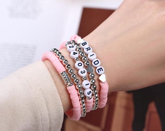 Custom Beaded Name Bracelet Stack for Bride, Personalized Bridal Jewelry, Gift for Bride Bridesmaid, Wedding, Bridal Shower-Pink & Silver