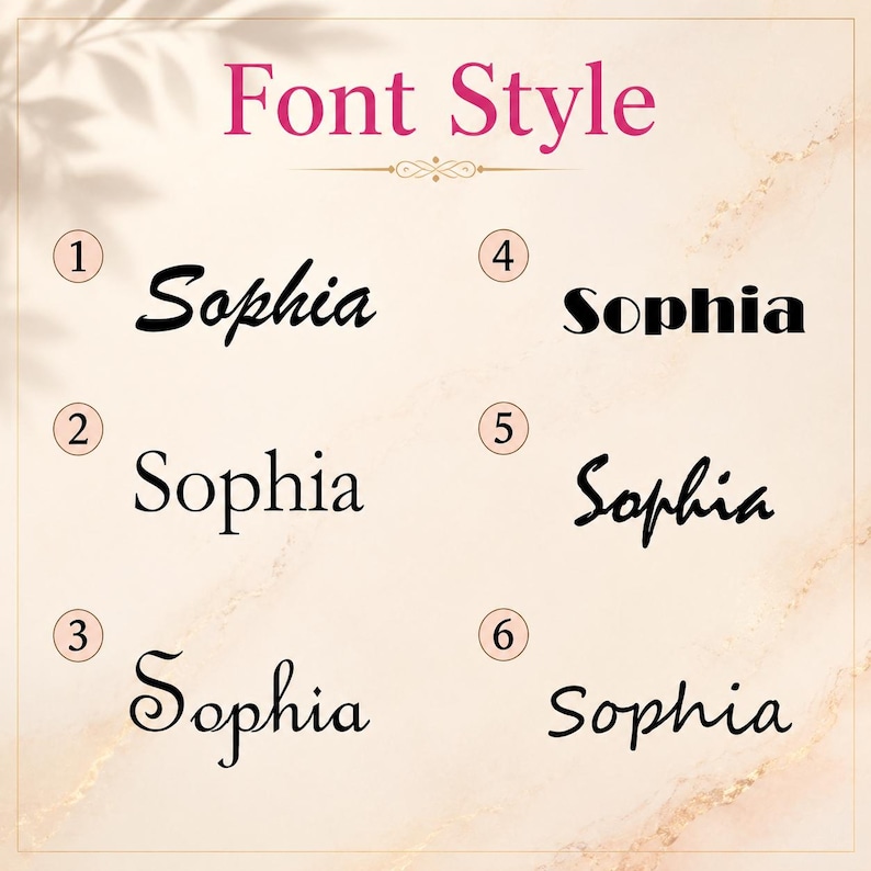 May include: A chart titled Font Style displaying six distinct black typography options for the name Sophia, each numbered one through six. The options feature a variety of serif, sans-serif, and script styles presented on a light beige background.