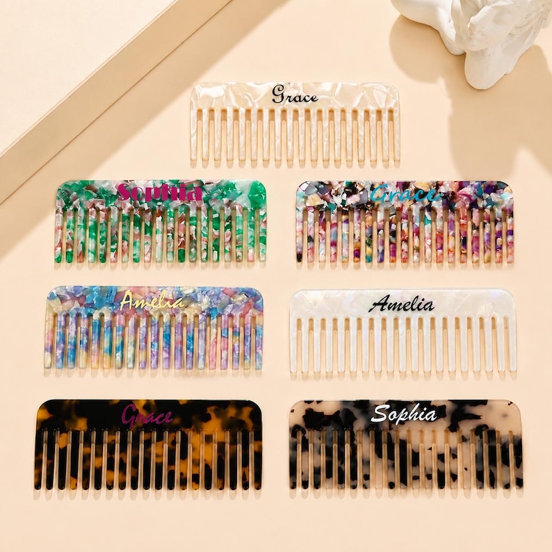 Personalized Hair Comb, Custom Name Acetate Comb,Handmade Acetate Wide Tooth Comb, Bridesmaid Gift, Bridal Party Keepsake,Bridal Gift Idea image 1