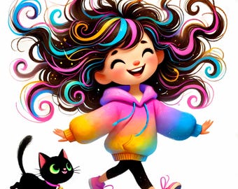 Chica peculiar con gato Clipart 10 JPG de acuarela de alta resolución para diarios basura Scrapbooking Fabricación de tarjetas Descarga digital Fantasía Caprichosa