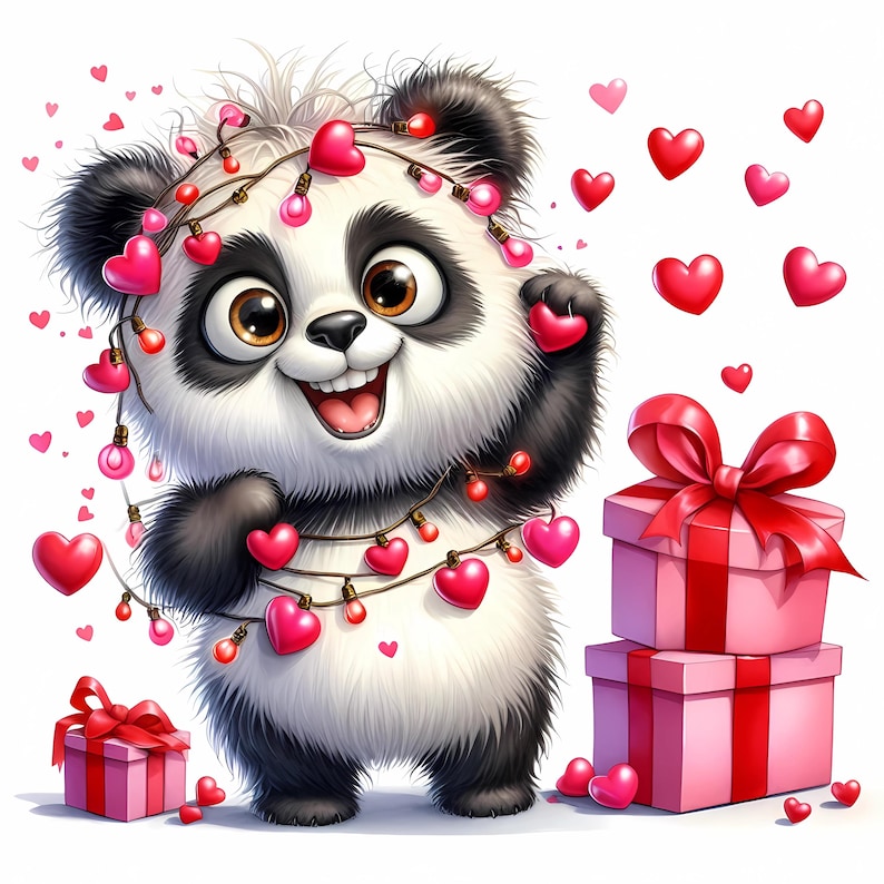 May include: Adorable cartoon panda adorned with a pink heart-shaped string of lights, surrounded by floating pink hearts.  The panda is standing near two pink gift boxes with red ribbons.  The scene is set against a white background, creating a festive Valentine's Day theme. The panda's expression is cheerful and playful, enhancing the overall cute and romantic mood.