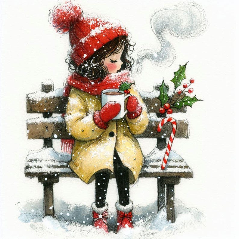 Puede incluir: Una ni&ntilde;a con un gorro rojo y un abrigo amarillo se sienta en un banco de madera con una taza de chocolate caliente en sus manos. Est&aacute; rodeada de nieve y un bast&oacute;n de caramelo.