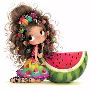 Fille pastèque Clip Art 10 haute résolution aquarelle JPG indésirable journalisation, scrapbooking fabrication de cartes Kit de téléchargement numérique Fantasy original fruit