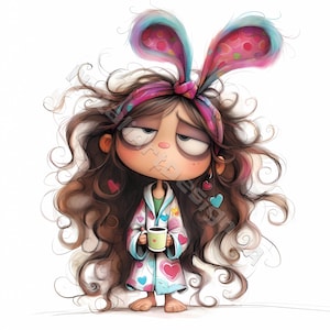 Grumpy coffee girl Clipart 10 High Res Watercolor JPGs for Junk Journals Scrapbooking Card Making Digital Download Fantasy Sleepy girl