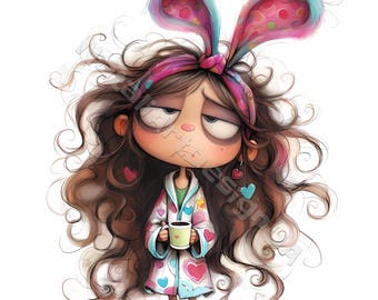 Grumpy coffee girl Clipart 10 High Res Watercolor JPGs for Junk Journals Scrapbooking Card Making Digital Download Fantasy Sleepy girl
