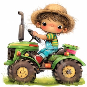 Tracteur vert original Clip Art 10 JPG aquarelles haute résolution, journal indésirable, scrapbooking, fabrication de cartes Kit de téléchargement numérique Fantasy Farm life