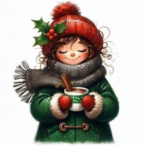 Puede incluir: Una ni&ntilde;a con un gorro de punto rojo con un pomp&oacute;n blanco, un abrigo verde y una bufanda gris sostiene una taza de chocolate caliente con un palo de canela que sobresale. Tiene los ojos cerrados y sonr&iacute;e.