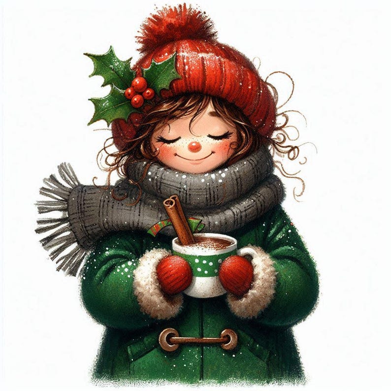 Puede incluir: Una ni&ntilde;a con un gorro de punto rojo con un pomp&oacute;n blanco, un abrigo verde y una bufanda gris sostiene una taza de chocolate caliente con un palo de canela que sobresale. Tiene los ojos cerrados y sonr&iacute;e.