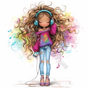 Chica con estilo musical Clipart 10 Alta Resolución Acuarela JPG Revistas Basura Scrapbooking Tarjetas Descarga Digital Fantasía Auriculares Caprichosos